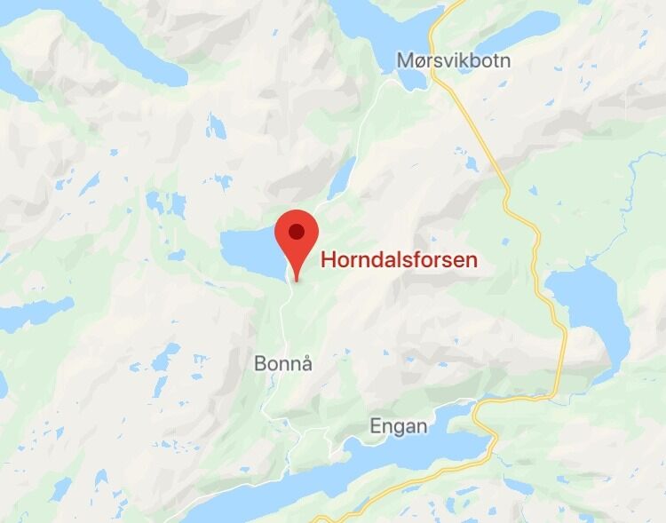 Fv 613 har vært stengt mellom Sildhopen og Horndalsforsen siden torsdag.
 Foto: Google maps