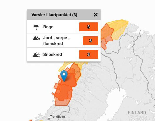 FARE FOR SKRED. Det er meldt betydelig snøskredfare i hele region Salten.
 Foto: Skjermdump varsom.no