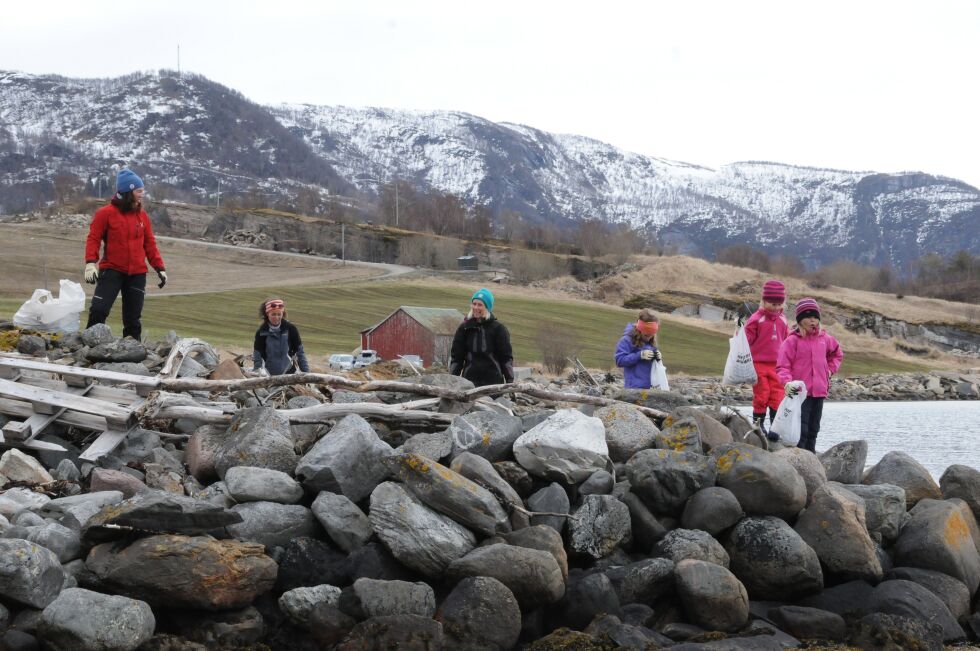 STORE OG SMÅ. Det var rundt 30 barn og voksne som møtte opp for å delta i Barnas turlag sin tur i Leivsetfjæra, som også innebar å rydde strandlinja.
 Foto: Maria E. Trondsen