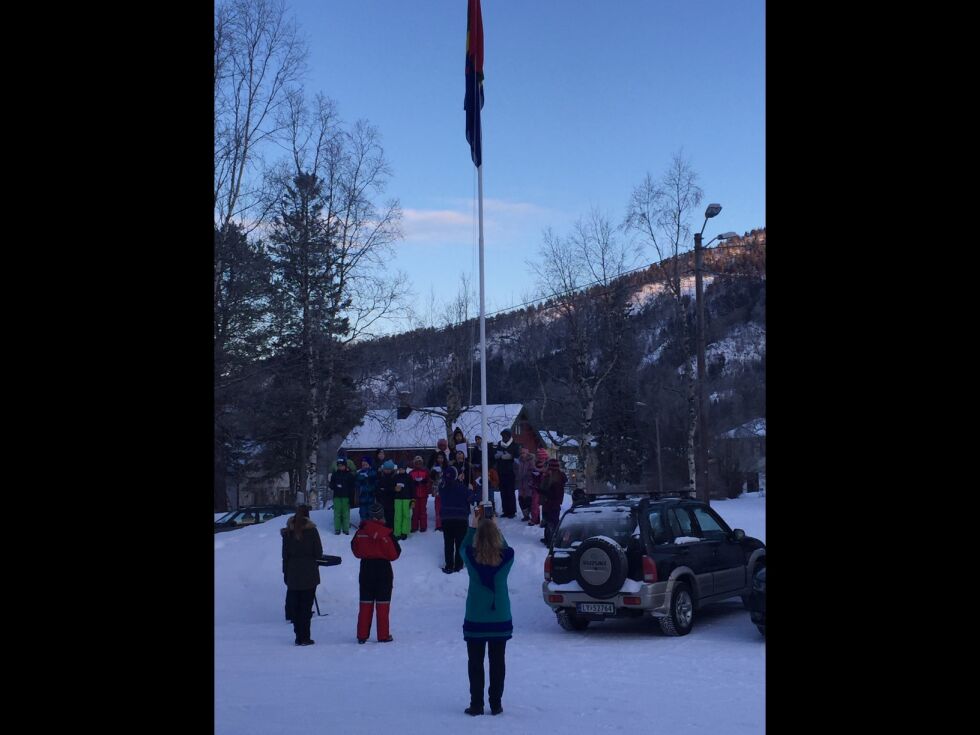 I Beiarn ble det samiske flagget heist utenfor kommunehuset klokka 10. Her var blant annet barnehagen til stede.