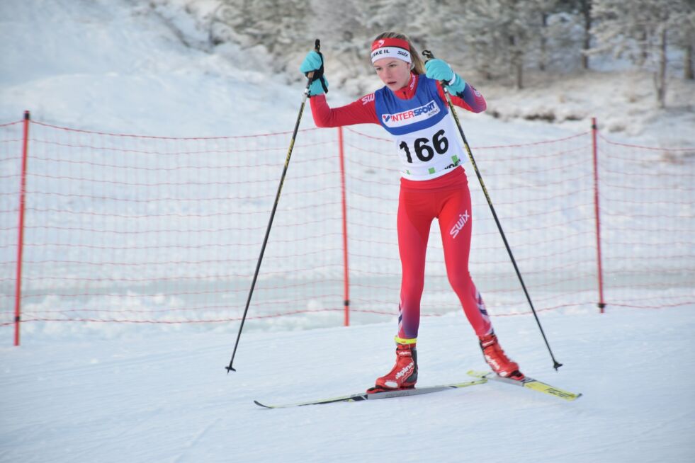 Marie Risvoll Amundsen sørget for dagens første gull til Fauske IL Ski. Hun brukte 8 minutter og 53 sekunder på tre kilometer.
 Foto: Ina Sand Solli