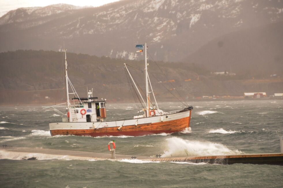 HEFTIGE BØLGER. Høye bølger gjorde at "Blomøy" fikk problemer å legge til kai på Fauske. Her er båten på vei ut igjen etter at den ikke kom seg til kai. Legg merke til at bølgene vasker over flytebrygga.
 Foto: Arild Bjørnbakk