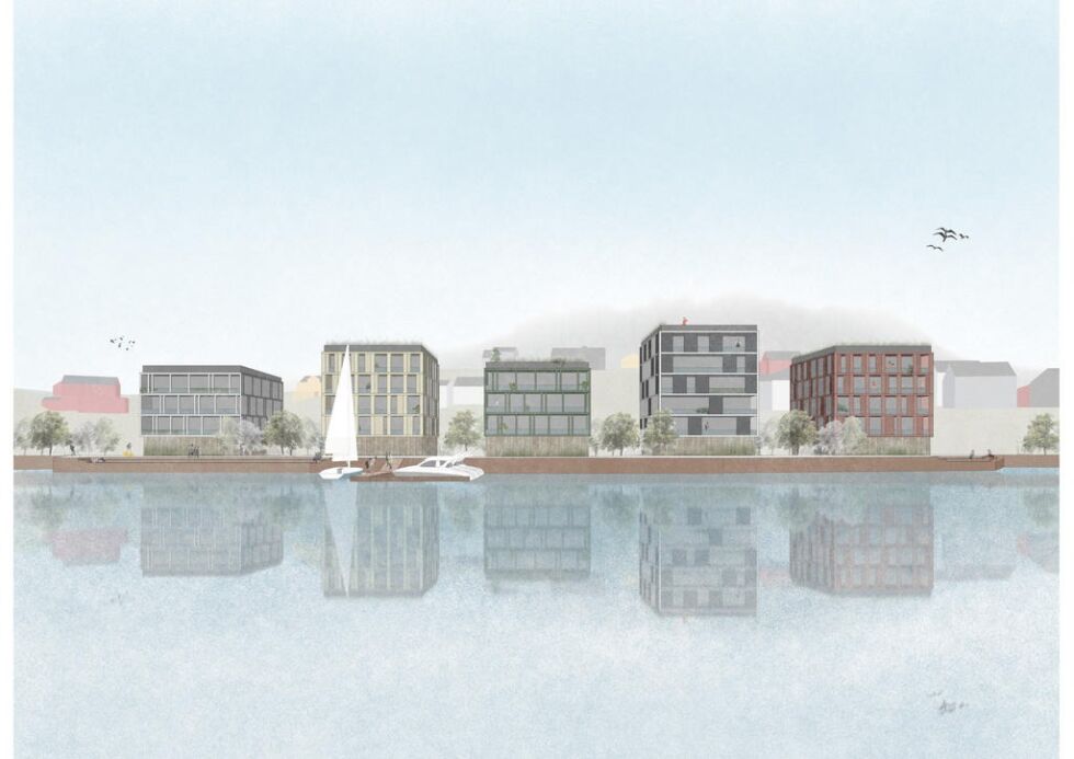 MØLLNA BOLIGER. Prosjektet gir 45 boenheter av seks ulike leilighetstyper som fordeles på fem bygg nært fjorden. Tegning: Tanken Arkitektur