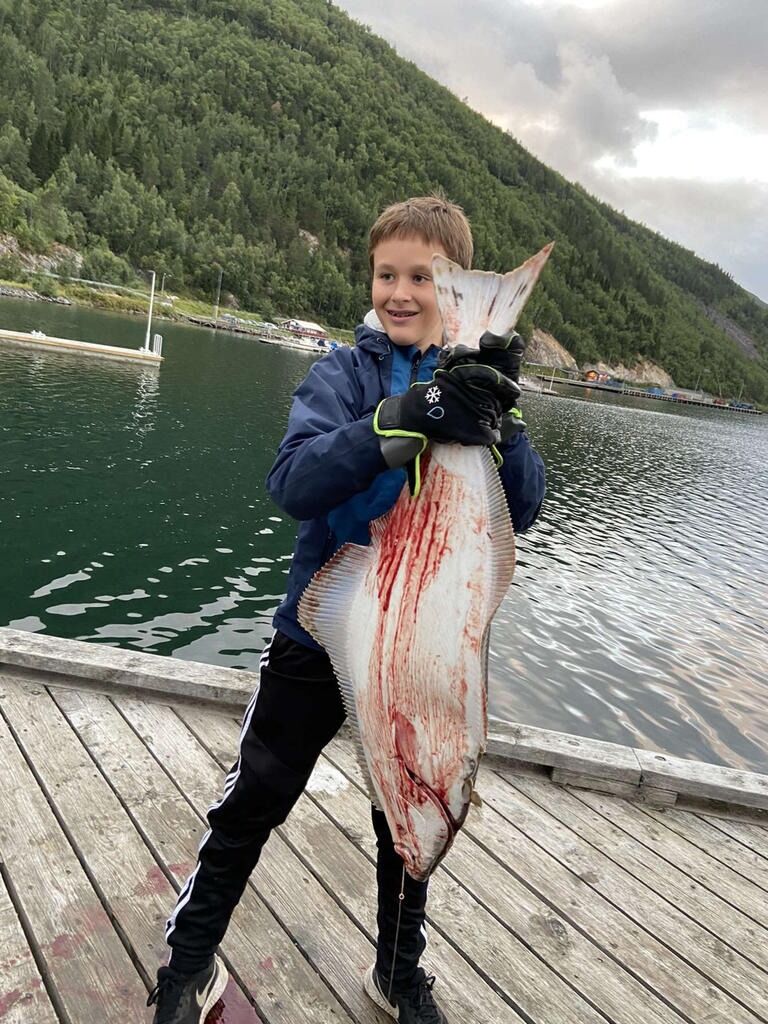 Jonas Brændmo (13) med denti kilo tunge kveita han fikk fra kaia på Rognan onsdag kveld.