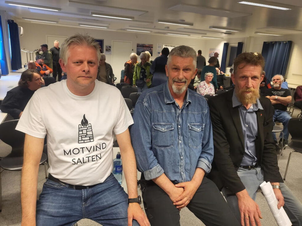 STERKT IMOT. Fra venstre nestleder Leif Arild Nygård, leder Steinar How og styremedlem Kjetil Sørbotten i Motvind Salten.
 Foto: Stig Bjørnar Karlsen