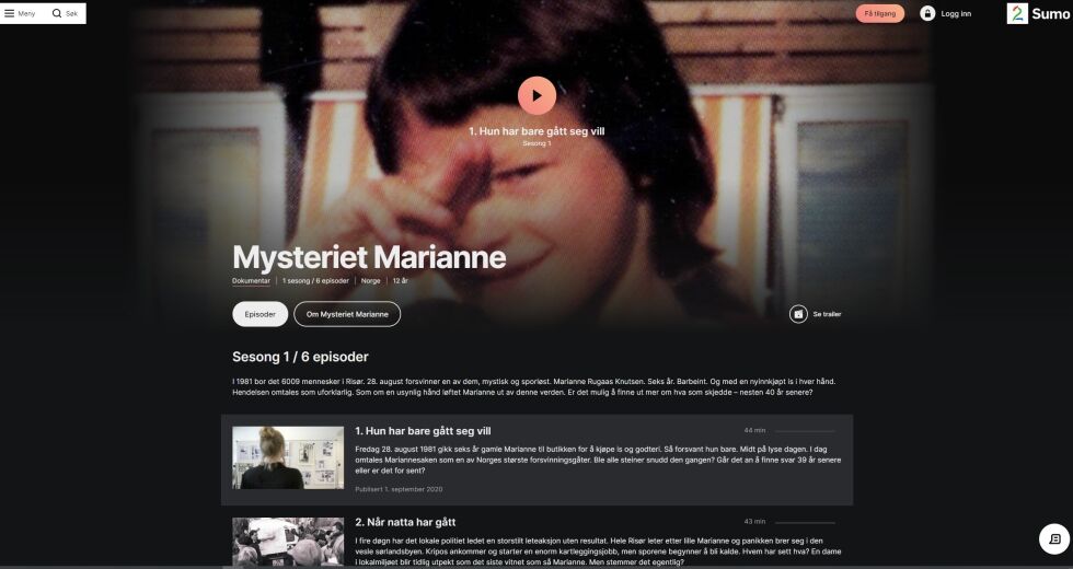 Mysteriet Marianne er en dokumentar i seks episoder om en uløst forsvinningssak som snart er 40 år gammel.
 Foto: Skjermdump fra TV2 Sumo