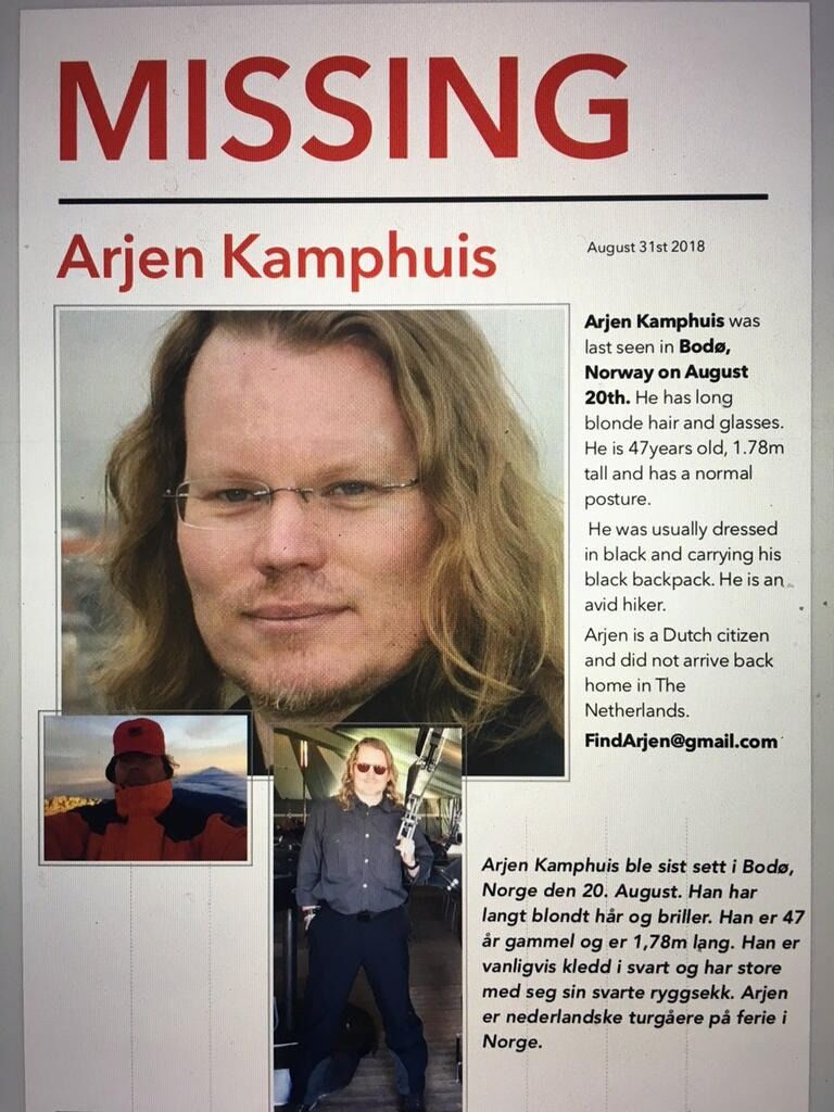 AVSLUTTET. Politiet har konkludert med at den savnede Arjen Kamphuis mest sannsynlig har druknet i Skjerstadfjorden.
 Foto: Skjermdump twitter