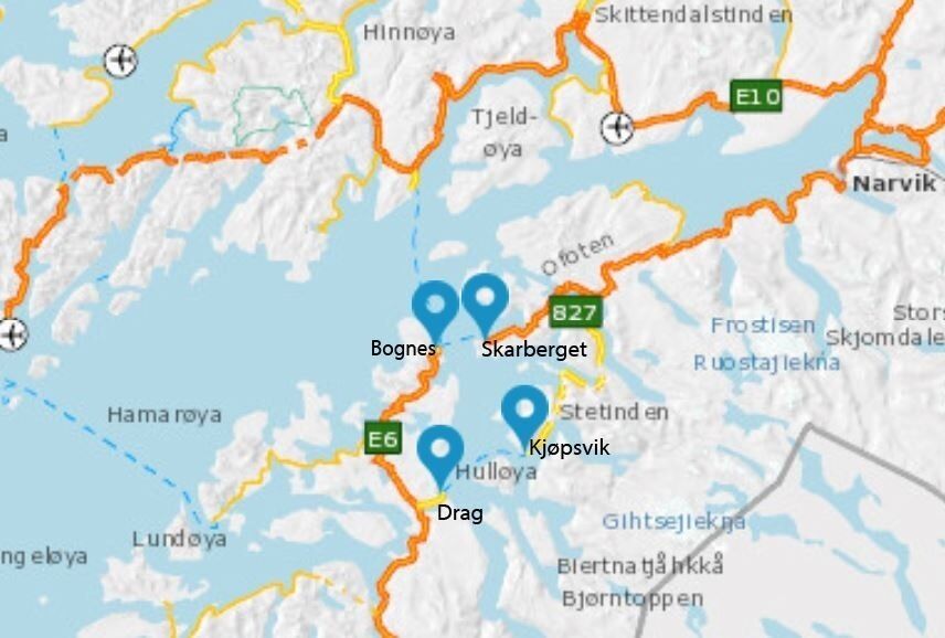 Når fergesambandet Bognes-Skarberget stenges i tre måneder er det omkjøring over Drag-Kjøpsvik.
 Foto: Statens vegvesen