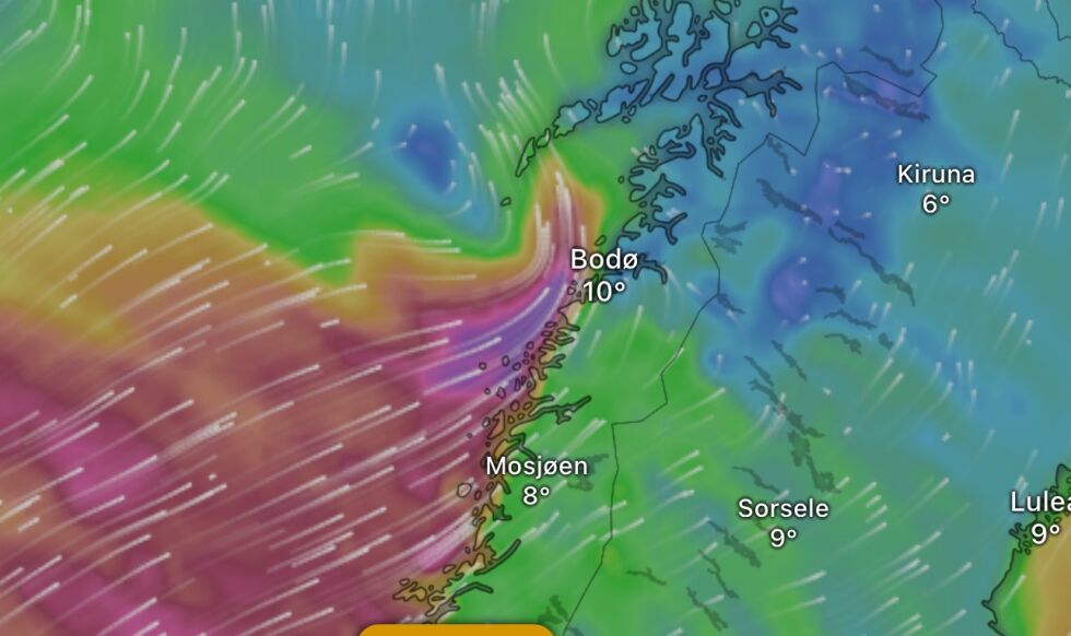 UVÆR. Det skal blåse opp i Nordland i løpet av natten.
 Foto: Windy