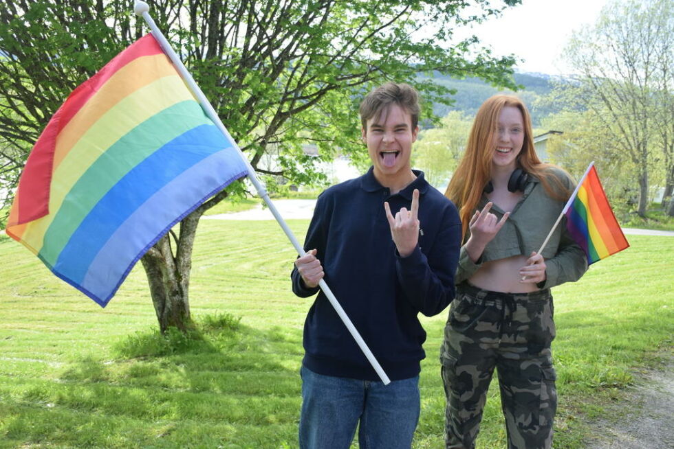 GODT FORNØYD. Isak Pettersen (17) og Miriam Elvira Reiss (16) fra Sørfold ungdomsråd jubler over at formannskapet har bevilget penger til Pride-arrangementet de skal ha lørdag 17. juni.
 Foto: Eva S. Winther