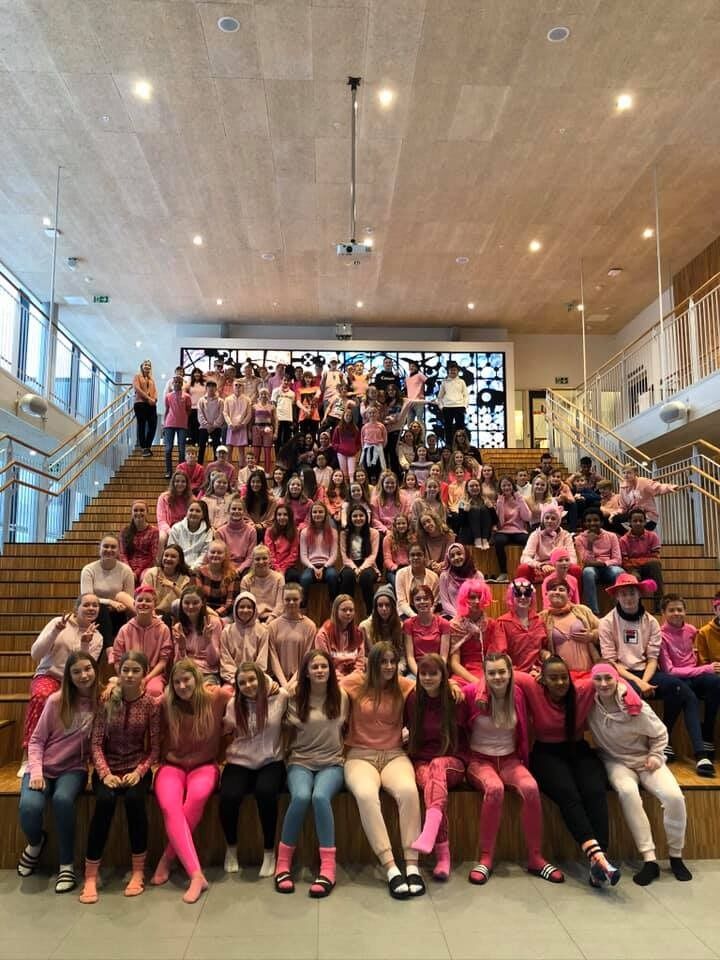 ROSAKLEDT UNGDOM. Det var mange som hadde funnet frem rosa klær.
 Foto: Vestmyra skole