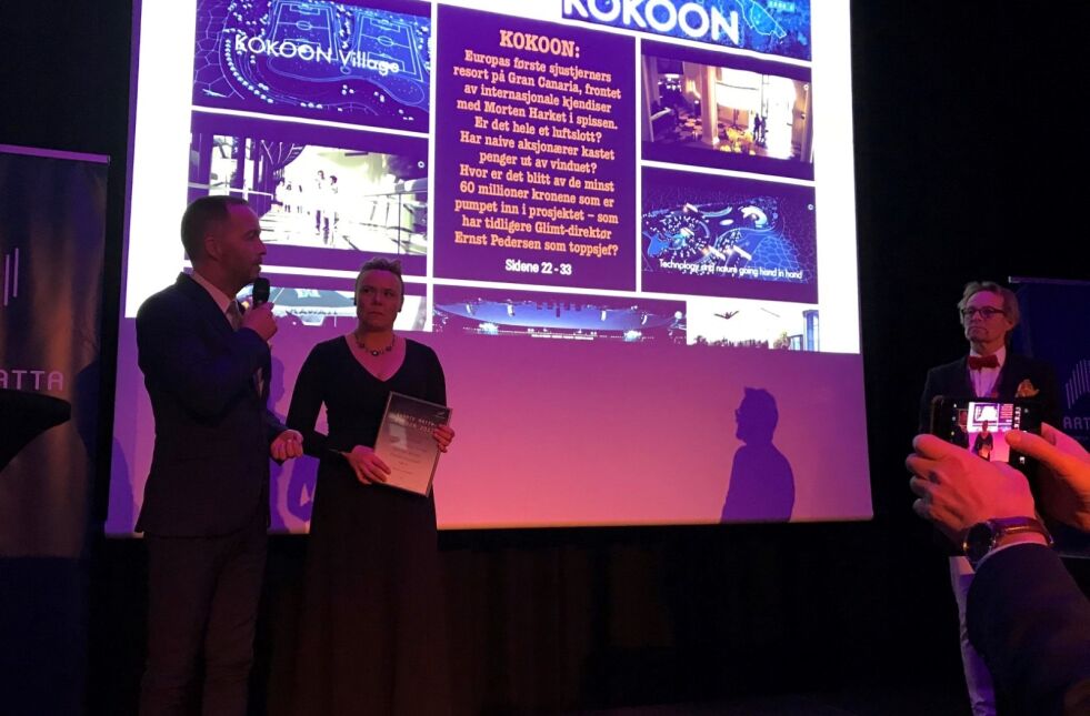 Mariell Løkås og Geir Are Jensen i Bodø Nu mottok pris for sin gravesak om luftslottet Kookoon på Gran Canaria i Tromsø i helga.