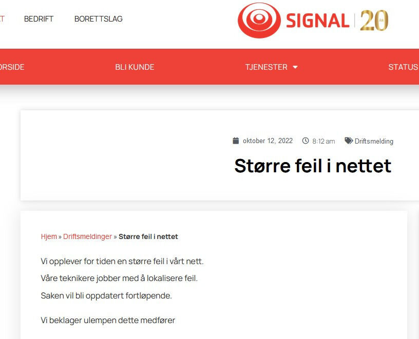 Signal/Altibox opplever driftsproblemer på morgenen onsdag 12. oktober.
 Foto: Skjermdump signal.no